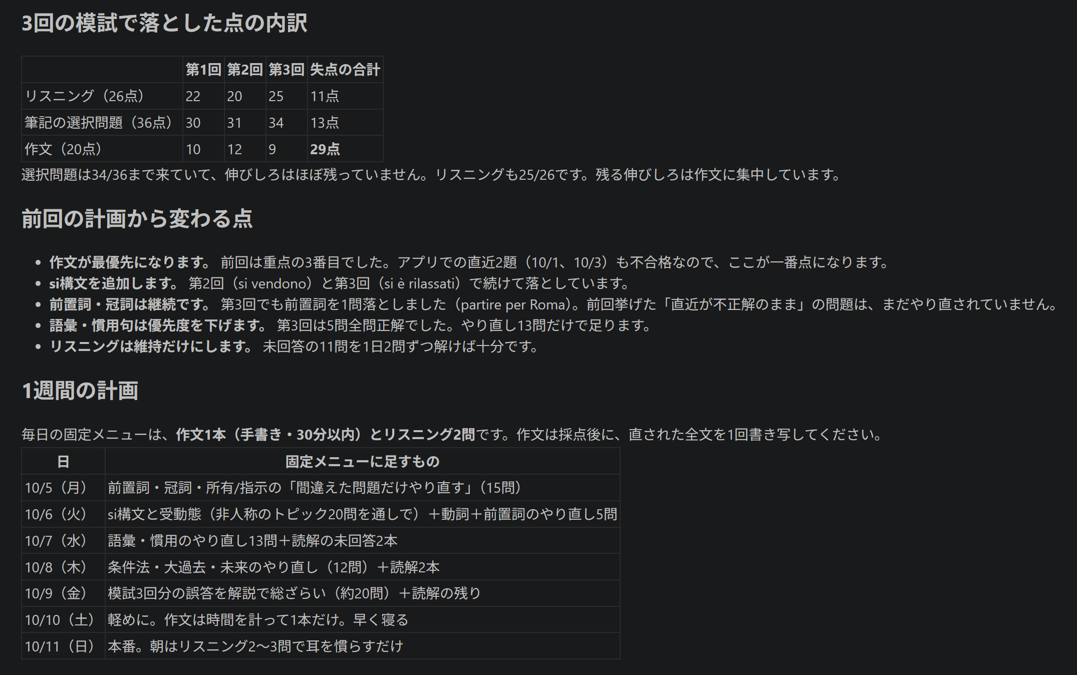 AIが出した本番前1週間の学習計画の画面。3回の模試で落とした点の内訳（リスニング11点、筆記の選択問題13点、作文29点）、前回の計画から変わる点、10月5日から11日までの日ごとの計画が並んでいる